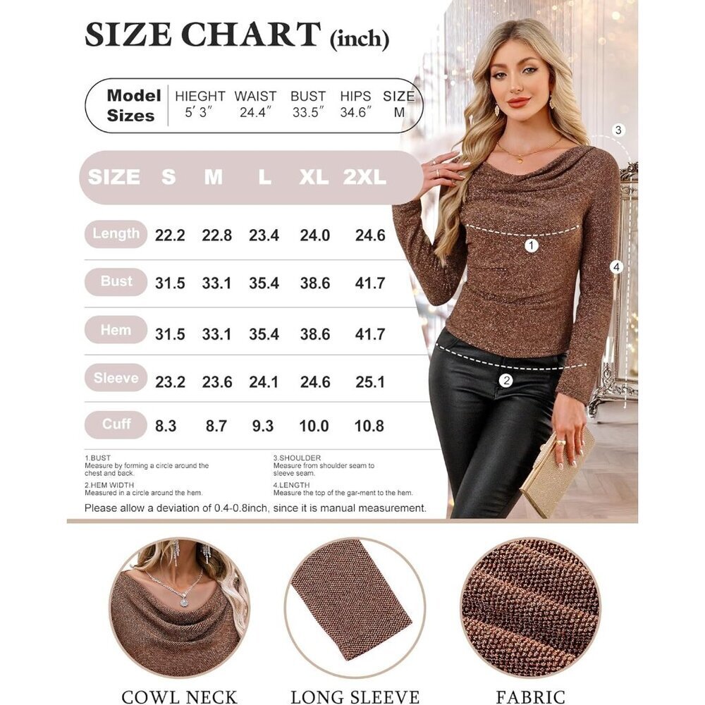 Women's Cowl Neck Long Sleeve Sequin Top Slim Fit Party Blouse - Picture 7 of 7
